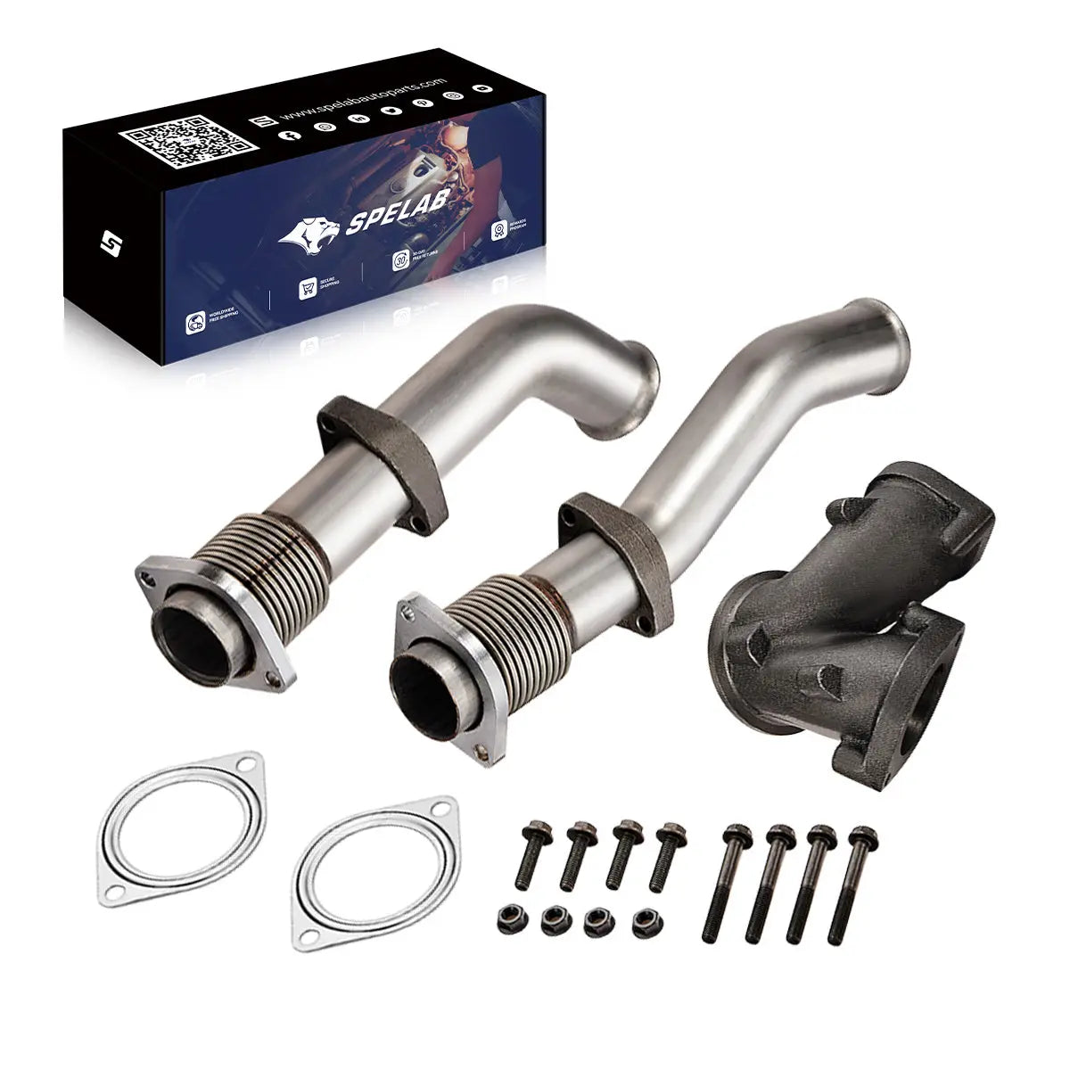 Pair of stainless bellowed up-pipes with cast iron Y-adapter, two crush gaskets and flange bolts for the 7.3 Powerstroke diesel