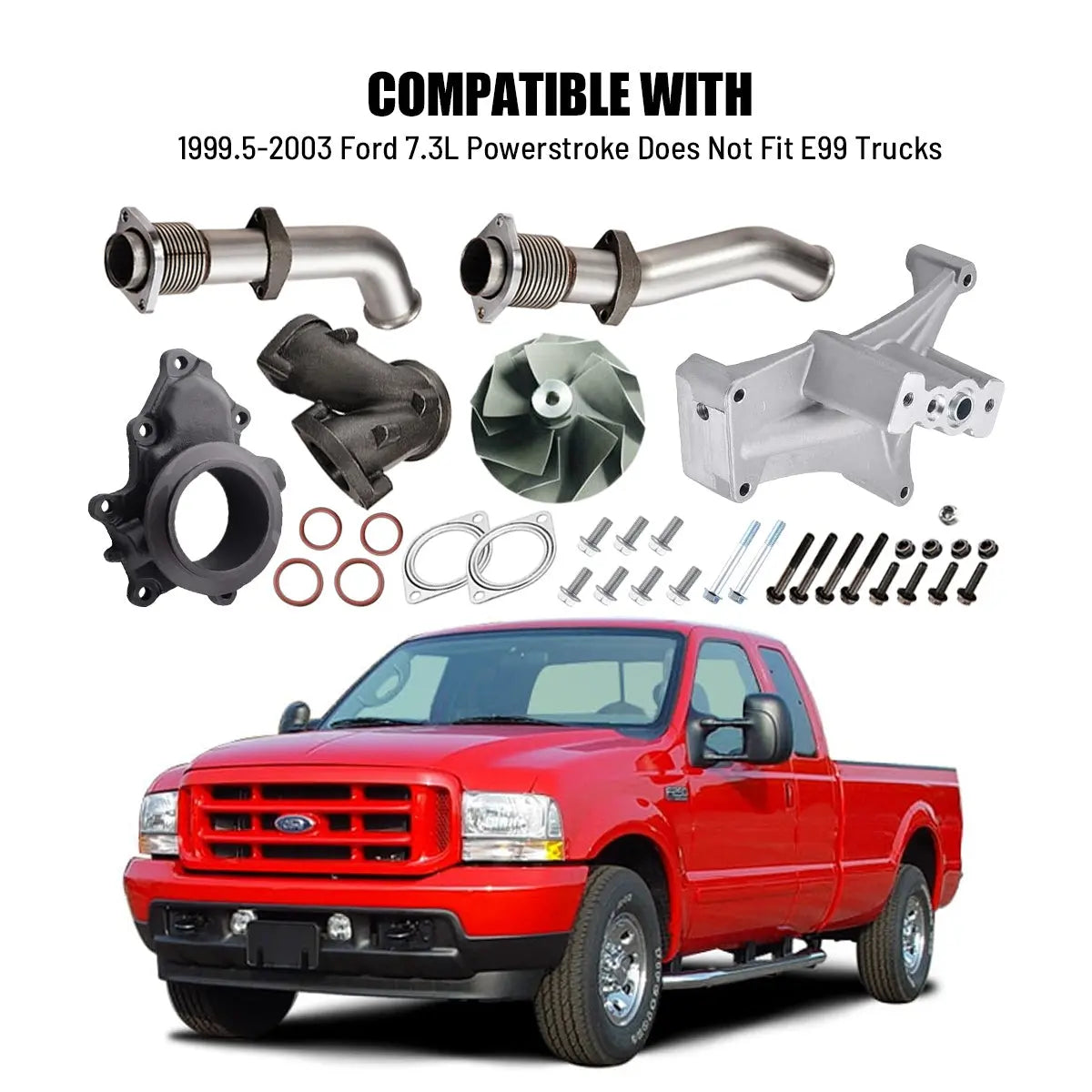 Complete 7.3 Powerstroke bellowed up-pipe and turbo kit parts with a red 1999.5-2003 Ford F-250 Super Duty, E99 trucks excluded