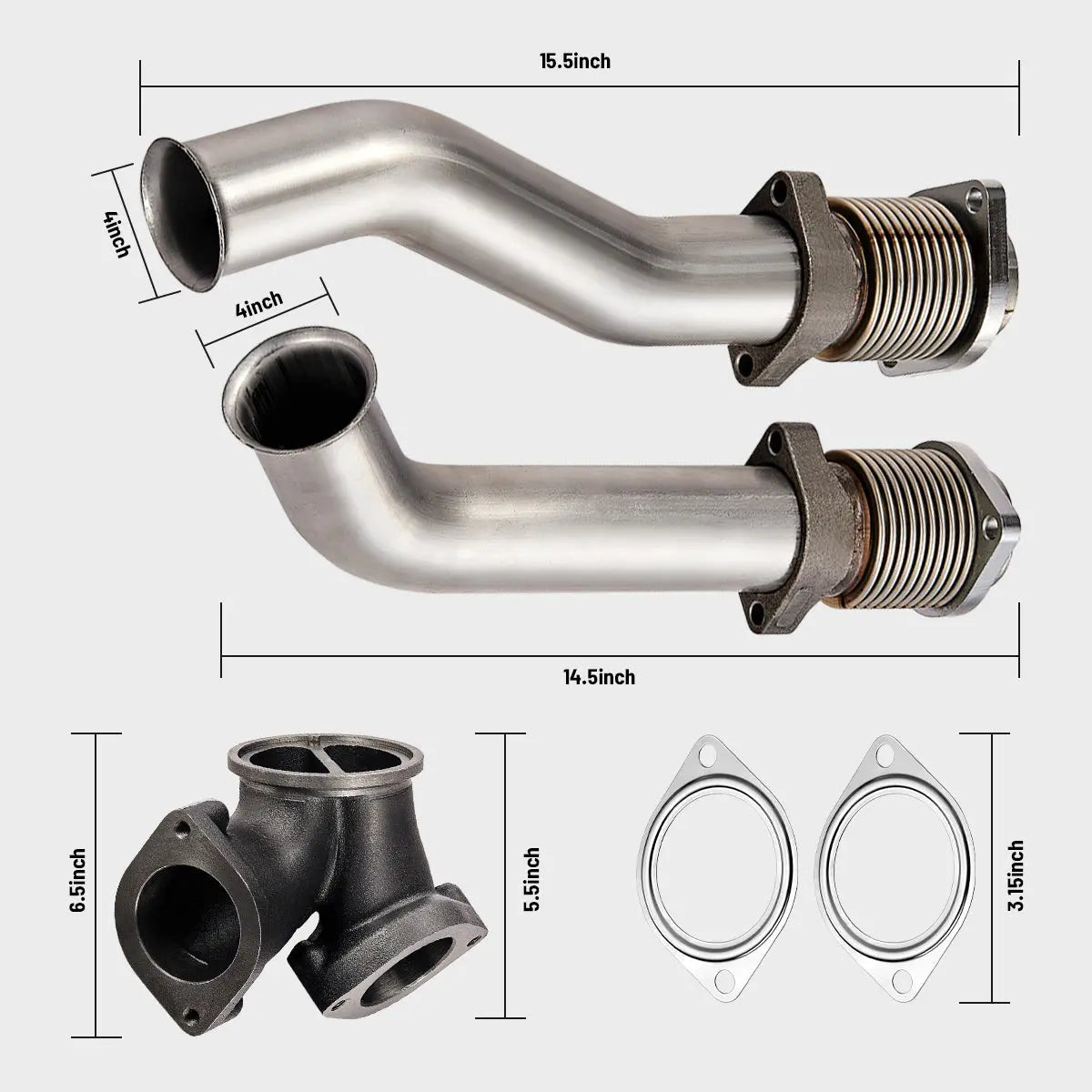 Bellowed up-pipes measuring 15.5 and 14.5 inches with the 7.3 Powerstroke Y-adapter at 6.5 by 5.5 inches and 3.15 inch gaskets