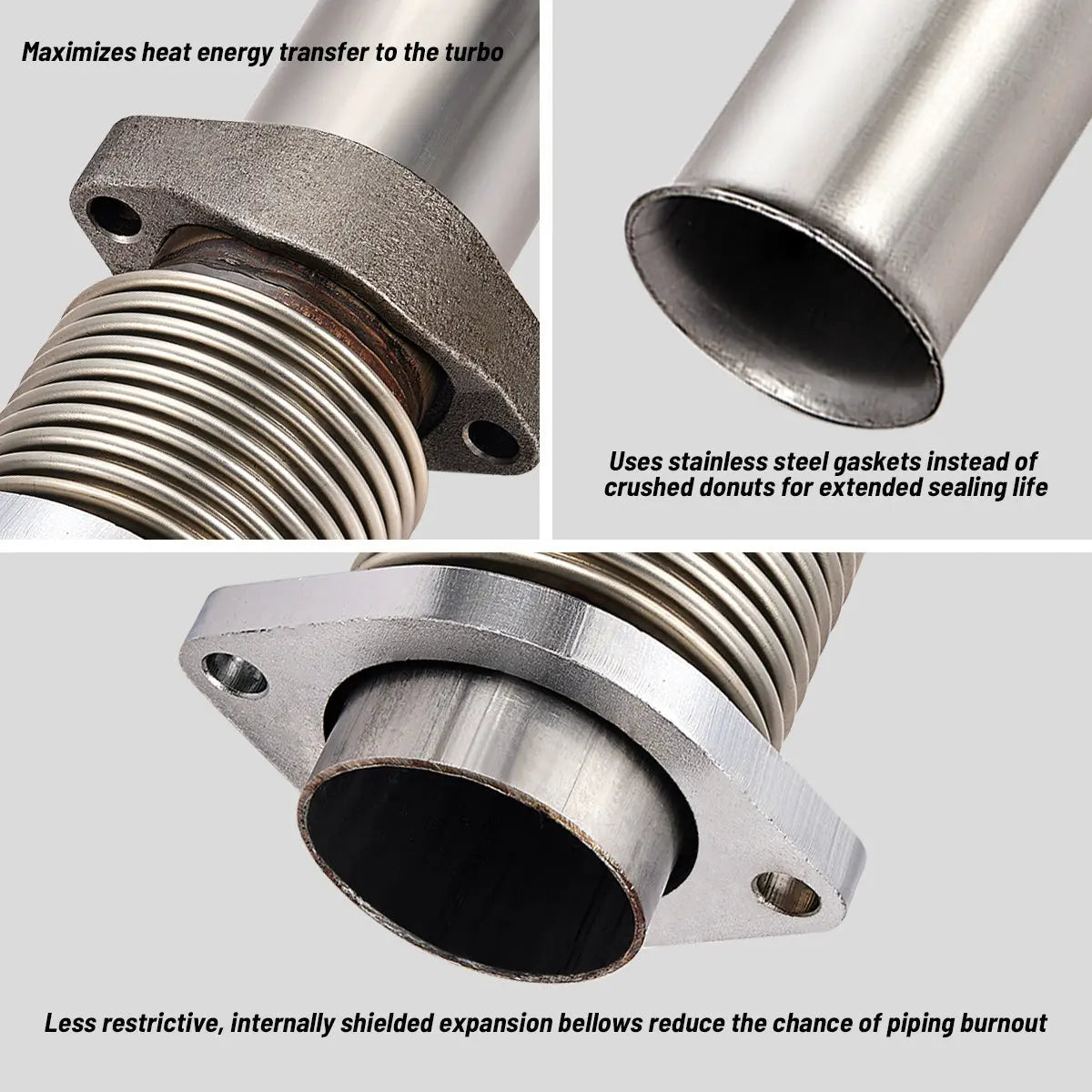 Flange, tube end and internally shielded bellows of 7.3 Powerstroke up-pipes, sealed with steel gaskets instead of factory donut gaskets