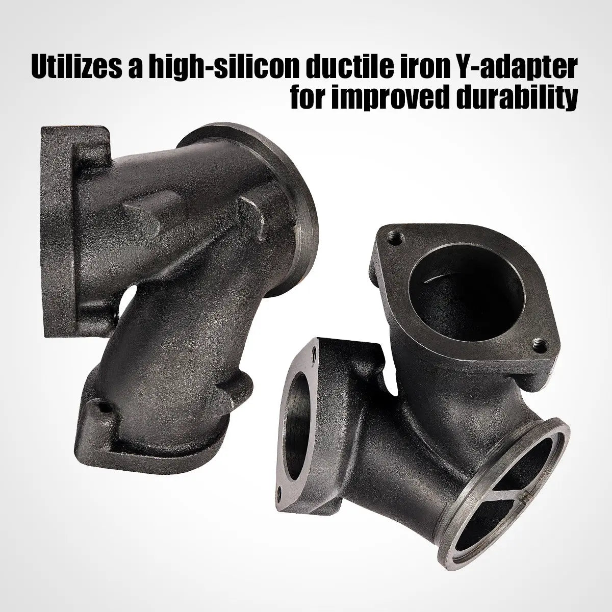 High-silicon ductile iron Y-adapter merging both 7.3 Powerstroke up-pipes into the turbo inlet