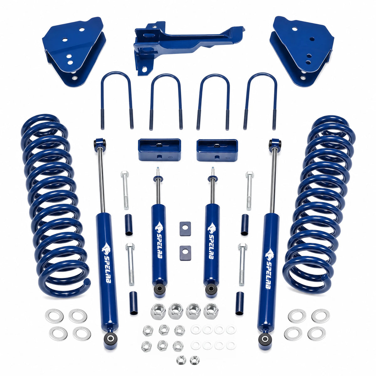 Blue powder-coated coil springs and monotube gas shocks in a 3-inch suspension lift kit for 2011-2016 Ford F-250 Super Duty 4WD diesel, with steering drop arm, axle U-bolts, spring spacers, and hardware.
