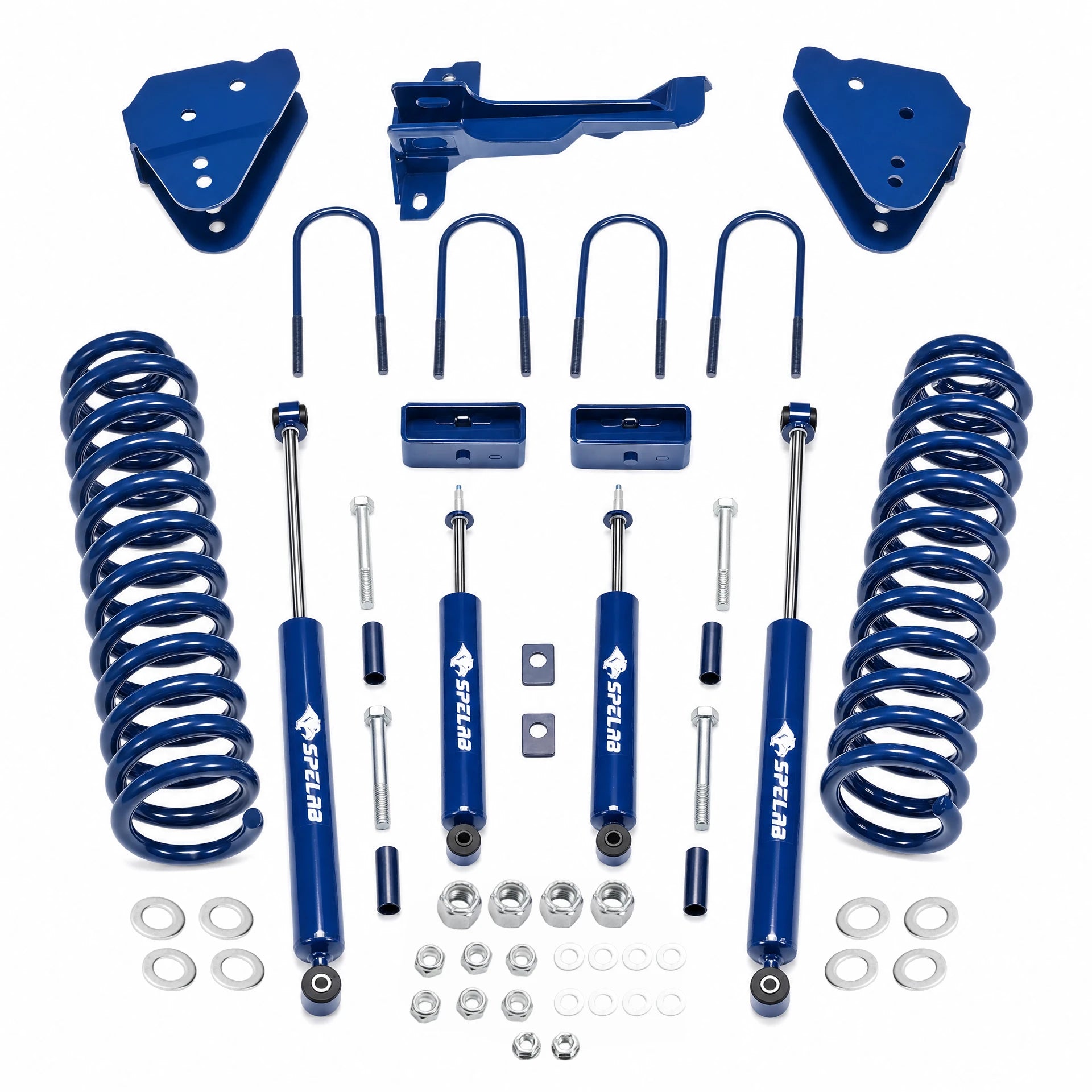 Blue powder-coated coil springs and monotube gas shocks in a 3-inch suspension lift kit for 2011-2016 Ford F-250 Super Duty 4WD diesel, with steering drop arm, axle U-bolts, spring spacers, and hardware.