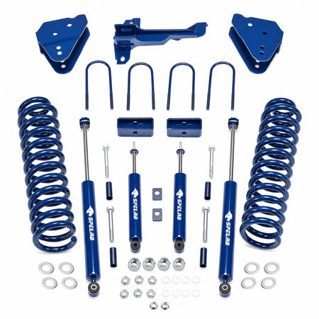 Blue powder-coated coil springs and monotube gas shocks in a 3-inch suspension lift kit for 2011-2016 Ford F-250 Super Duty 4WD diesel, with steering drop arm, axle U-bolts, spring spacers, and hardware.