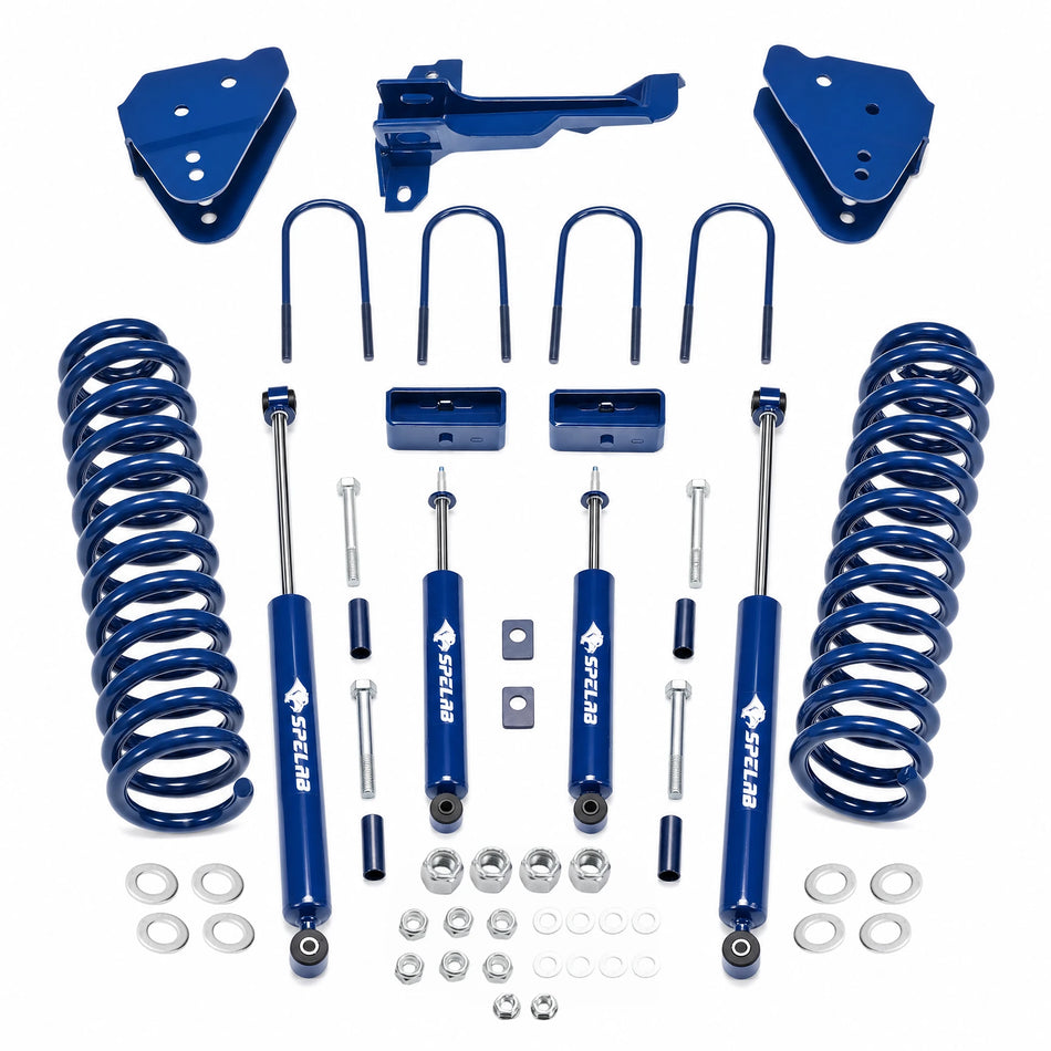 Blue powder-coated coil springs and monotube gas shocks in a 3-inch suspension lift kit for 2011-2016 Ford F-250 Super Duty 4WD diesel, with steering drop arm, axle U-bolts, spring spacers, and hardware.