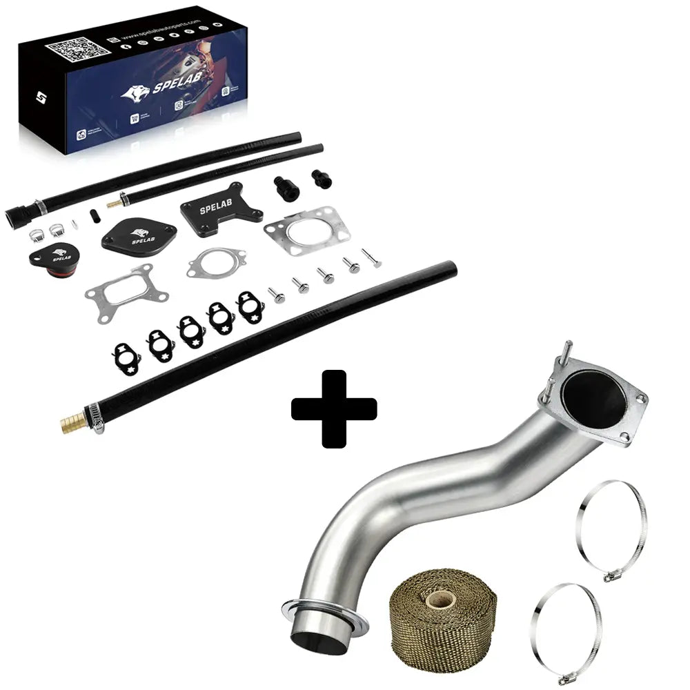 EGR valve cooler delete kit bundled with a stainless downpipe for the 2017-2025 Chevy GMC 6.6L Duramax L5P, including billet plates, black coolant hoses, spring clamps and exhaust wrap.