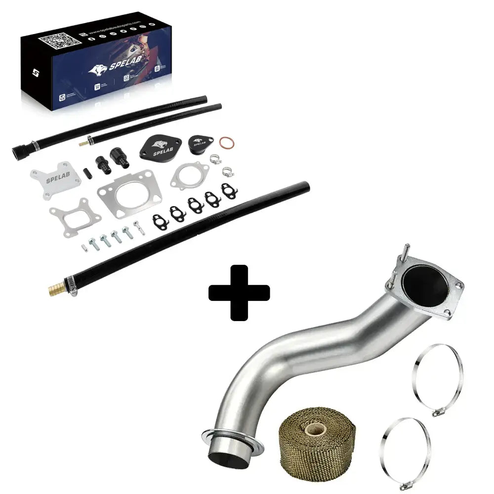 EGR valve cooler delete kit with block-off plates, gaskets and black coolant hoses bundled with a bolt-flange stainless downpipe for the 2017-2025 Chevy GMC 6.6L Duramax L5P.