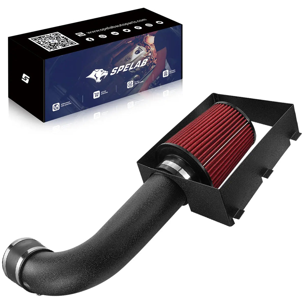 Heat-shield cold air intake kit for the 2005-2010 Dodge Charger, Challenger, Magnum, and 300C Hemi 5.7L and 6.1L V8, a black textured tube, red conical filter, and an open heat shield
