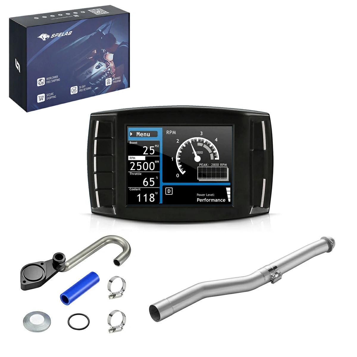 Comprehensive delete kit with stainless DPF pipe, black billet EGR plate, blue silicone hose, clamps and color-screen performance tuner for 2003-2007 Ford F-250 F-350 6.0L Powerstroke