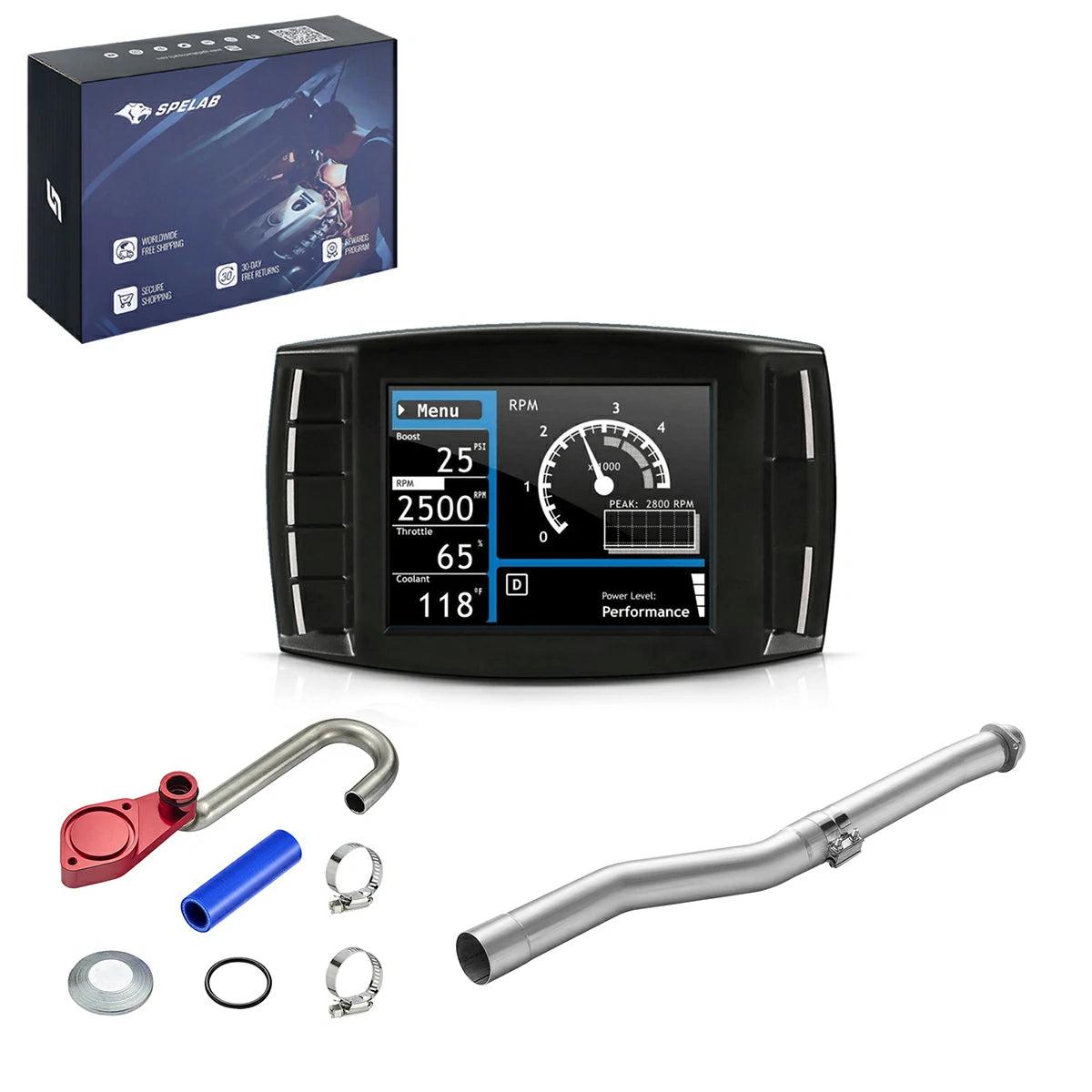 Complete DPF and EGR delete kit with stainless pipe, red anodized EGR plate, blue silicone coupler, clamps and color-screen tuner for 2003-2007 Ford F-250 F-350 6.0L Powerstroke