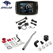 2010-2012 Dodge Ram 2500 3500 6.7L Cummins delete kit with red anodized EGR delete hardware, a stainless DPF delete race pipe with one mandrel bend at the tip, Mini Maxx tuner, OBD2 cable, CCV filter and clamps