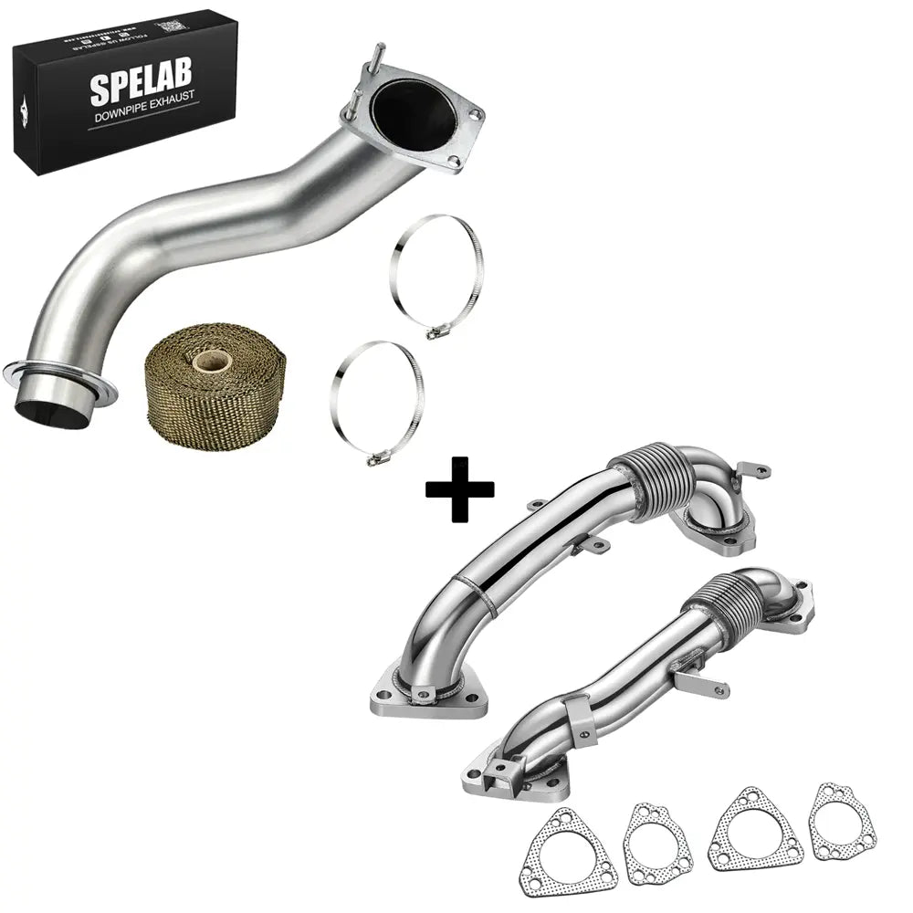 Stainless downpipe with titanium wrap and band clamps bundled with a pair of L5P exhaust up-pipes and four steel gaskets for the 2017-2025 6.6L Duramax.