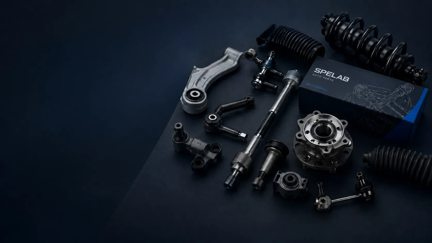 SPELAB automotive parts background with suspension and steering components