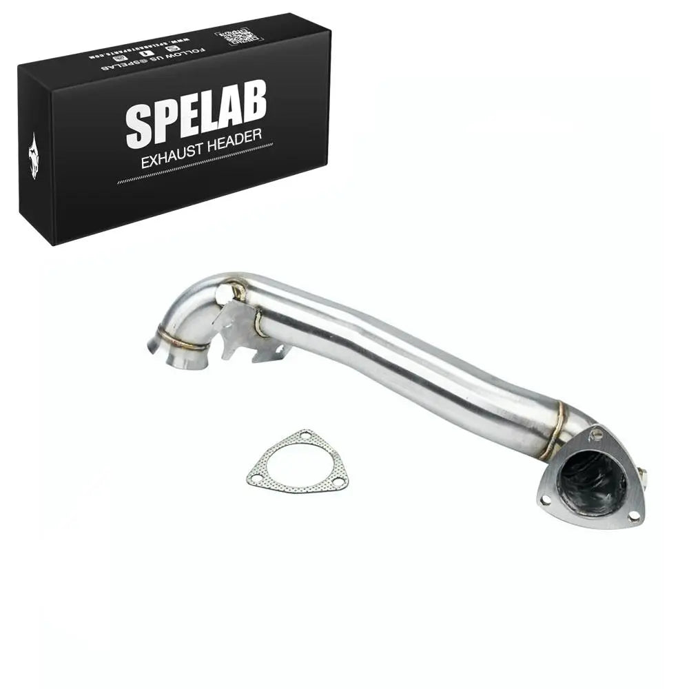 SPELAB catless downpipe for 2007-2016 Mini Cooper S R56 R60 1.6L turbo shown with its retail box and a stainless triangular gasket, 2.5 inch mirror-polished stainless steel exhaust.