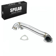 SPELAB catless downpipe for 2007-2016 Mini Cooper S R56 R60 1.6L turbo shown with its retail box and a stainless triangular gasket, 2.5 inch mirror-polished stainless steel exhaust.