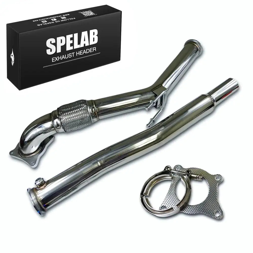 SPELAB 3 inch catless downpipe kit for 2006-2011 Audi A3 and 2006-2010 VW Golf GTI Jetta 2.0T EA888, shown with welded flex pipe, polished intermediate tube, V-band clamp, gaskets, and branded box.