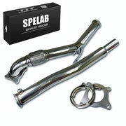 SPELAB 3 inch catless downpipe kit for 2006-2011 Audi A3 and 2006-2010 VW Golf GTI Jetta 2.0T EA888, shown with welded flex pipe, polished intermediate tube, V-band clamp, gaskets, and branded box.