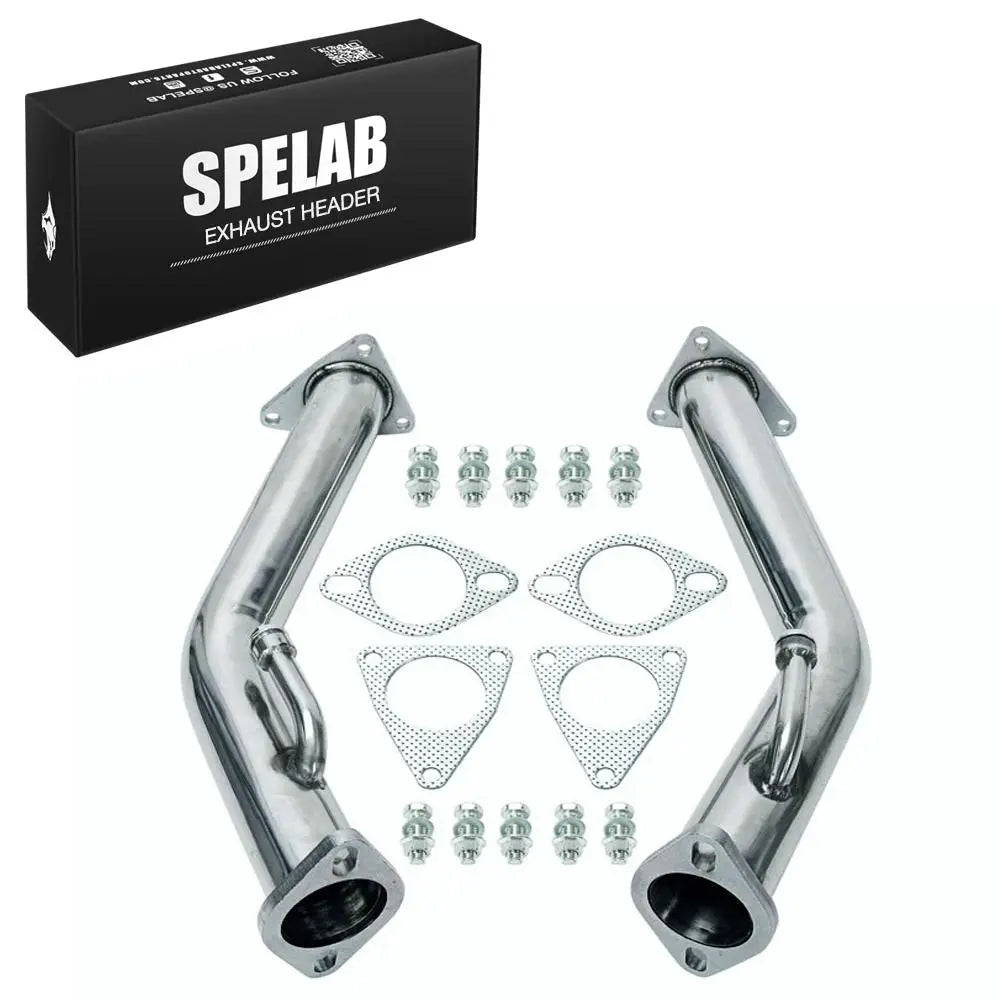 Pair of mirror-polished stainless catless test pipe Y-pipe downpipes with four gaskets, ten bolts and SPELAB box, direct bolt-on for 2008-2018 Nissan 370Z and Infiniti G37 3.7L VQ37 V6