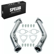 Pair of mirror-polished stainless catless test pipe Y-pipe downpipes with four gaskets, ten bolts and SPELAB box, direct bolt-on for 2008-2018 Nissan 370Z and Infiniti G37 3.7L VQ37 V6