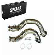 Pair of 3 inch catless downpipes for the N54 twin-turbo 2007-2013 BMW 335i 135i 1M E90 E92, shown with SPELAB box, ring gaskets, and mounting bolts included.