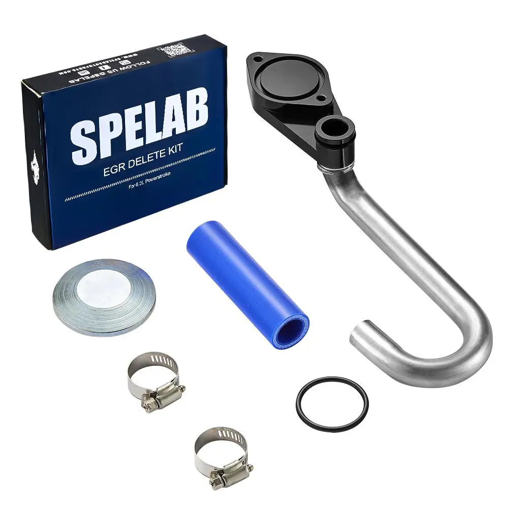 Black anodized EGR delete plate with curved stainless bypass tube, blue silicone hose, steel gasket, two hose clamps, O-ring, and SPELAB box for 2003-2007 Ford F-250 F-350 6.0L Powerstroke.