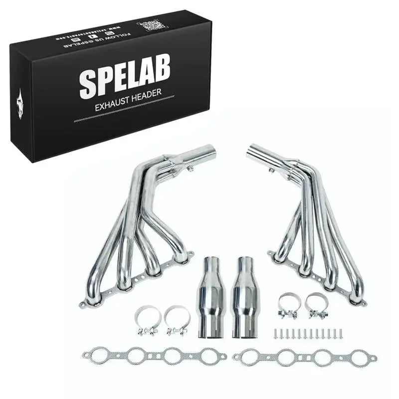 Pair of polished 4-into-1 long-tube stainless headers for 2010-2015 Camaro SS LS3 6.2 V8, laid out with two metal catalytic converters, T-bolt clamps, flange bolts, and 4-port gaskets.