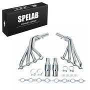 Pair of polished 4-into-1 long-tube stainless headers for 2010-2015 Camaro SS LS3 6.2 V8, laid out with two metal catalytic converters, T-bolt clamps, flange bolts, and 4-port gaskets.