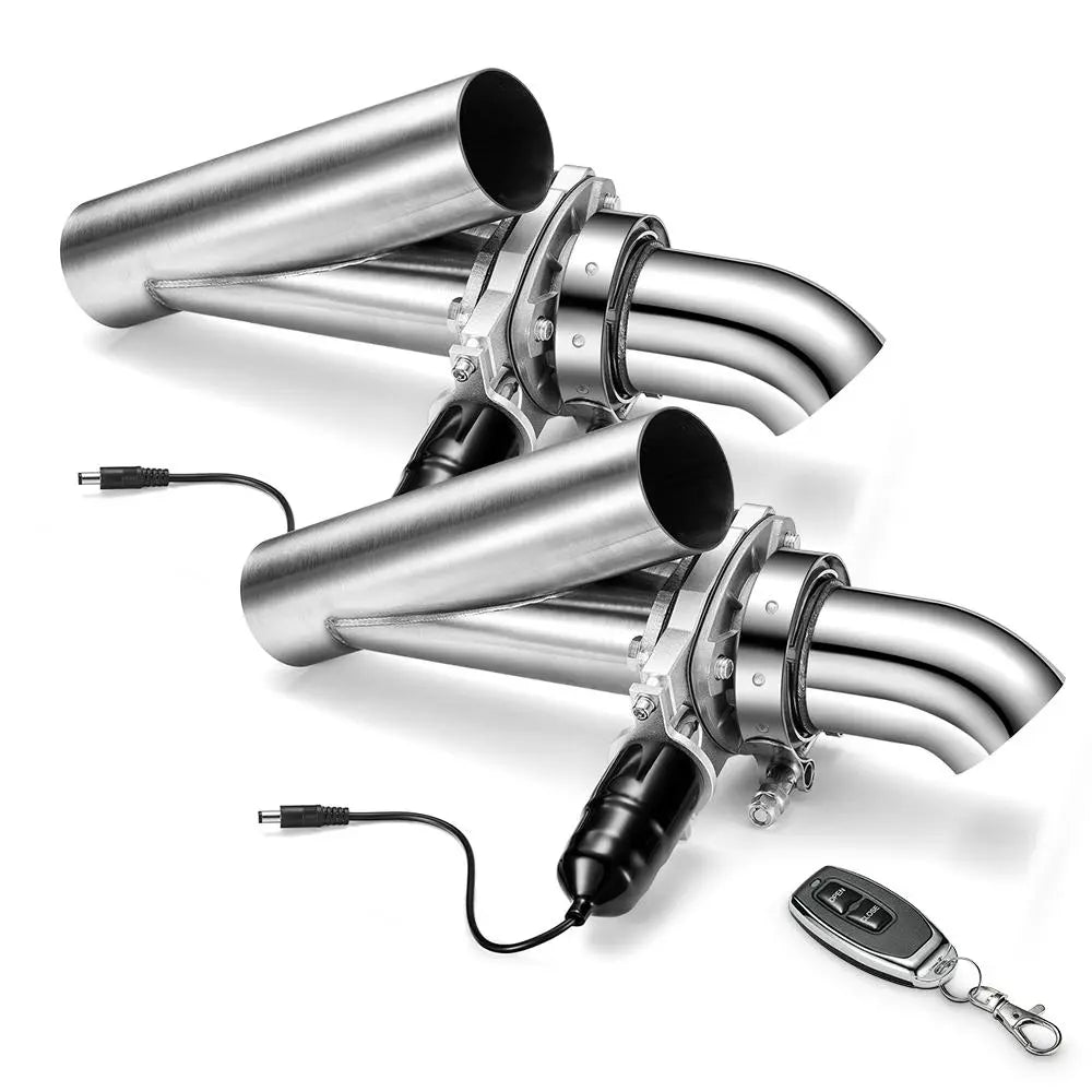 Two 2.5 inch electric exhaust cutout valve assemblies with polished stainless Y-pipes, black actuators, power pigtails, and a wireless remote key fob