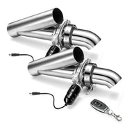 Two 2.5 inch electric exhaust cutout valve assemblies with polished stainless Y-pipes, black actuators, power pigtails, and a wireless remote key fob