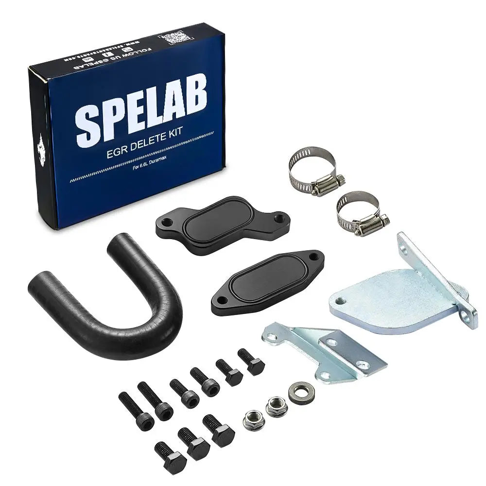 SPELAB EGR delete kit for 2007.5-2010 GMC Sierra and Chevy Silverado 6.6L Duramax LMM diesel, with blue box, black billet block-off plates, U-shaped rubber hose, steel brackets, clamps, and bolts