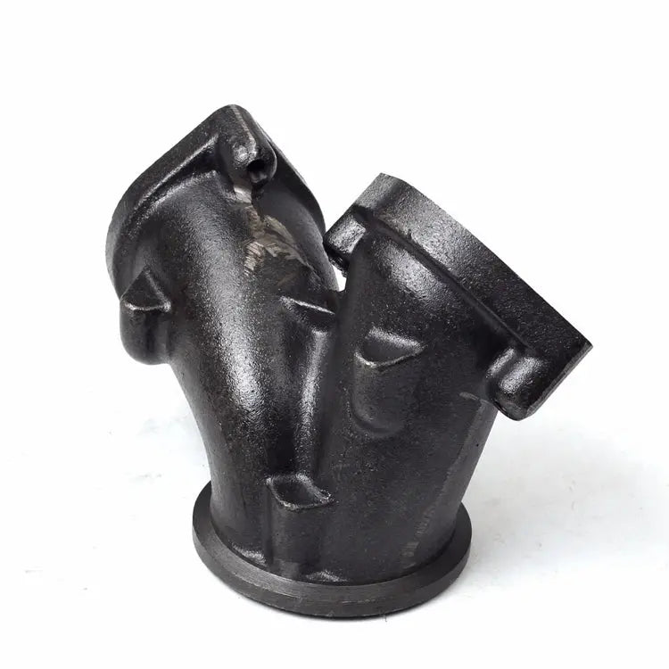 Ductile iron Y-adapter with its round turbo connection facing forward for 7.3 Powerstroke applications