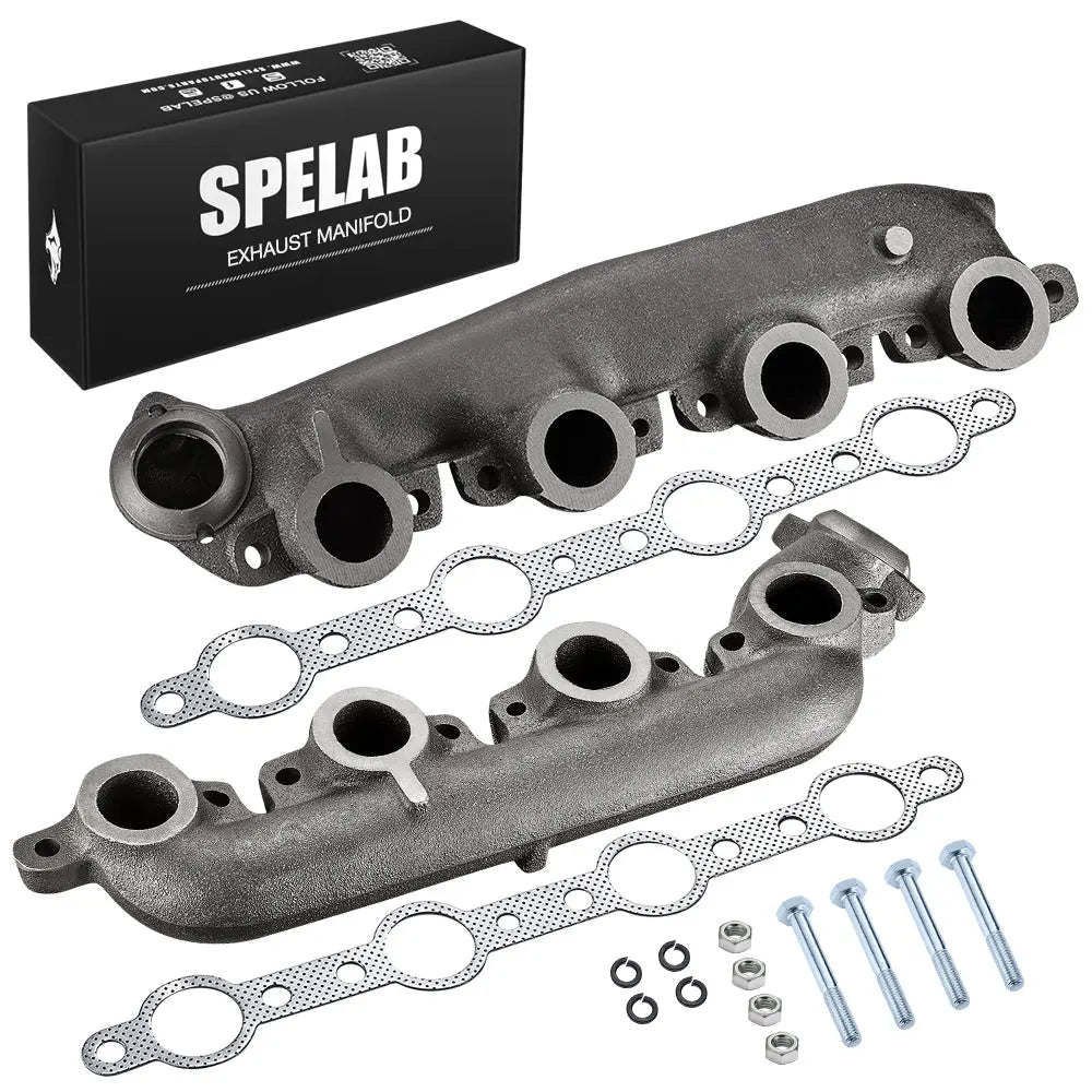 Pair of cast iron exhaust manifolds for 1999.5-2003 Ford 7.3L Powerstroke with two stainless four-port gaskets, bolts, nuts and lock washers, beside its SPELAB box