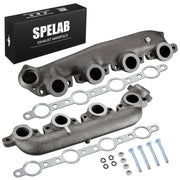 Pair of cast iron exhaust manifolds for 1999.5-2003 Ford 7.3L Powerstroke with two stainless four-port gaskets, bolts, nuts and lock washers, beside its SPELAB box