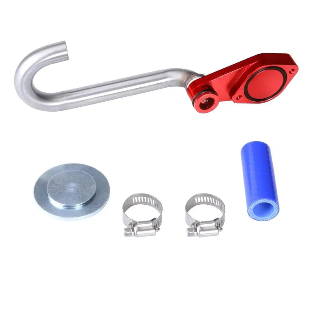 Red anodized aluminum EGR delete block joined to a bent bypass pipe, with blue silicone coupler, two stainless clamps and a galvanized plug plate, for 2003-2007 Ford F-250 F-350 6.0L Powerstroke.
