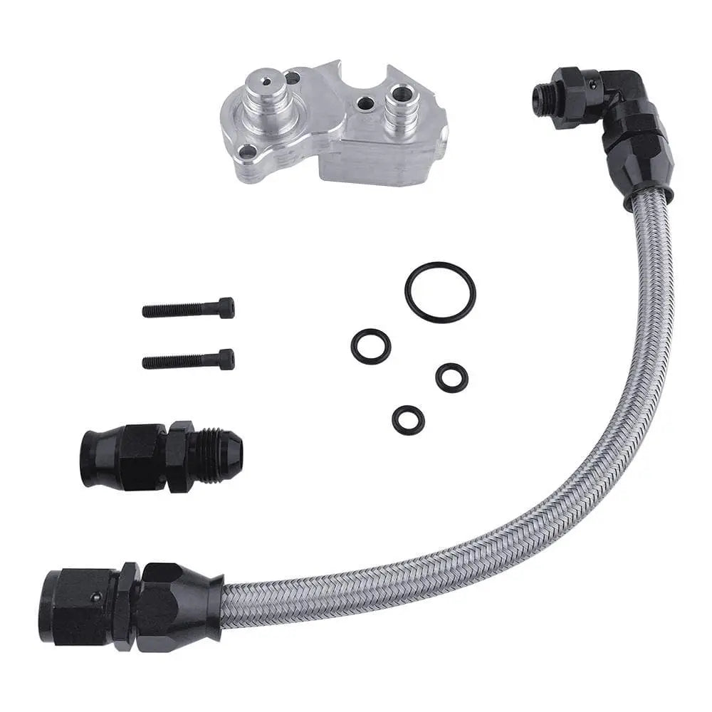 SPELAB CP4.2 fuel pump bypass kit for 2011-2014 Ford 6.7L Powerstroke, with the aluminum bypass block, braided AN hose, adapter fitting, O-rings and mounting bolts