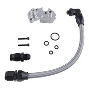 SPELAB CP4.2 fuel pump bypass kit for 2011-2014 Ford 6.7L Powerstroke, with the aluminum bypass block, braided AN hose, adapter fitting, O-rings and mounting bolts