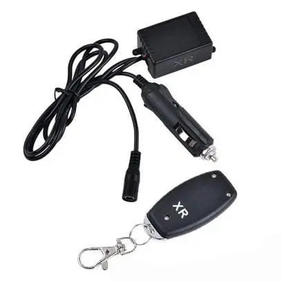 Black XR receiver module with coiled wiring harness, 12V cigarette-lighter adapter, barrel connector, and keychain wireless remote switch for SPELAB separate exhaust cutout systems