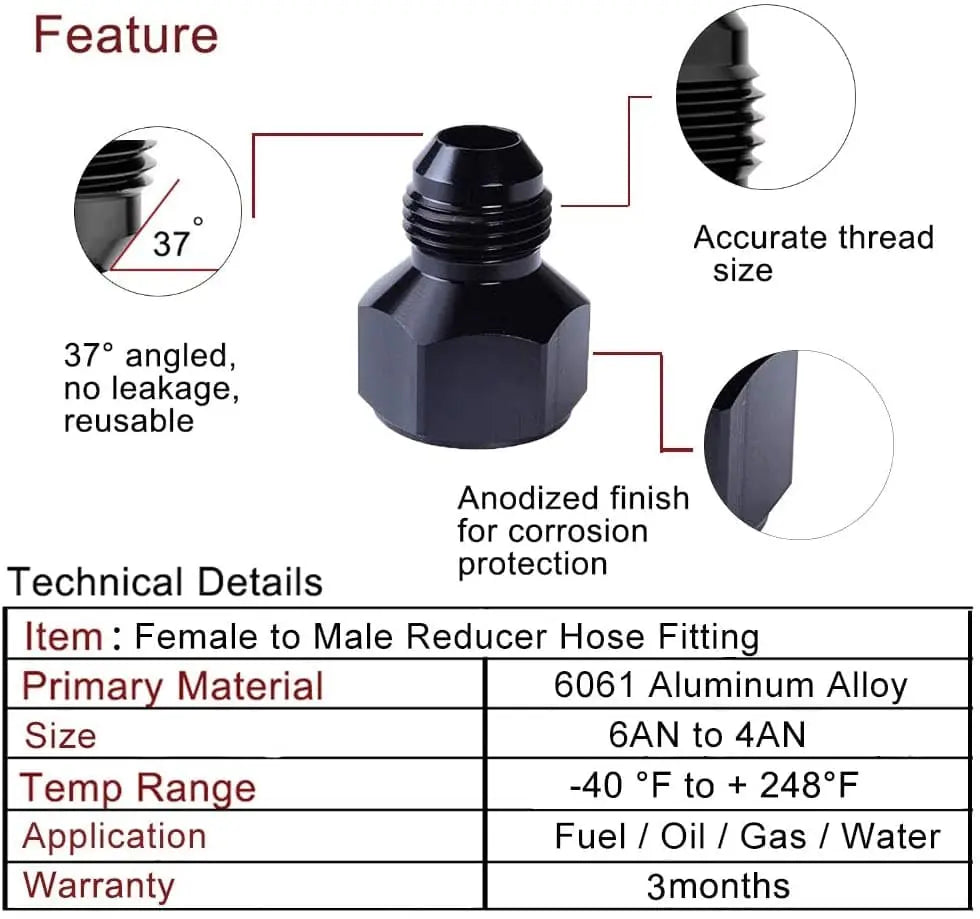 SPELAB Female AN6 to Male AN4 Flare Reducer Hose Fitting Adapter Black-SPELAB