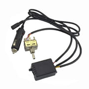 Manual toggle switch for electric exhaust cutout with ON/OFF metal panel plate, 12V cigarette lighter power plug, wiring harness, and relay module.