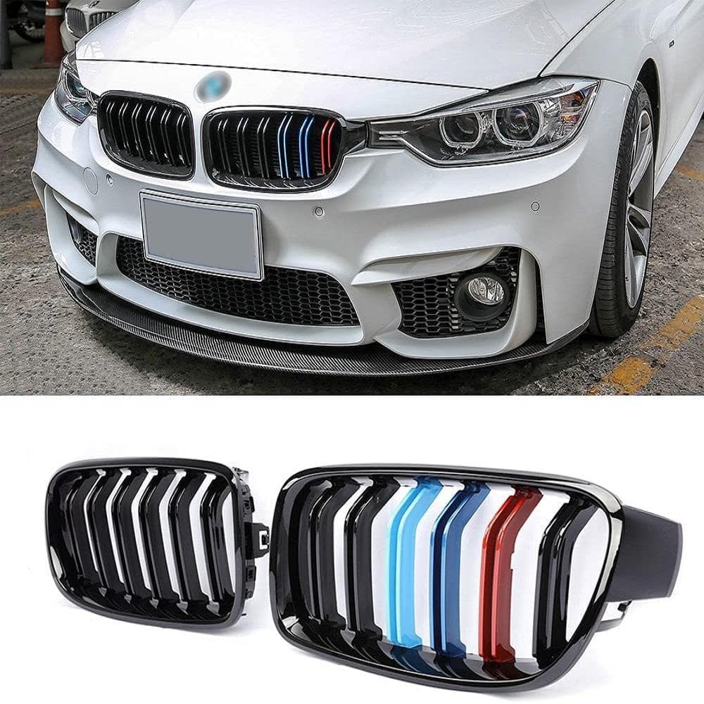 SPELAB SNA Chrome Diamond F30 Grill, Front Kidney Grille for 2012-2018 BMW 3 Series F30 F31 (ABS Gloss Black Grills/Tri-Color, 2-pc Set)-SPELAB