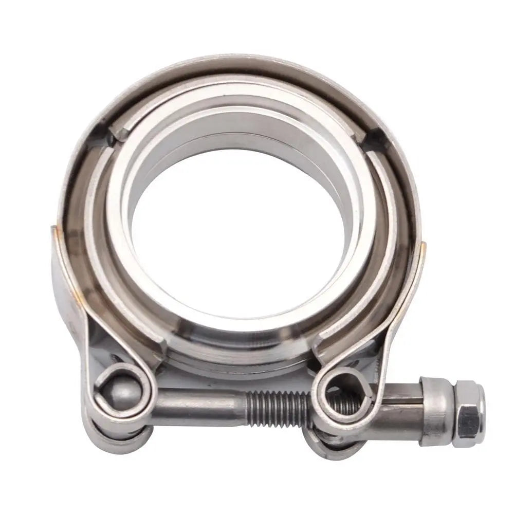 SPELAB V-band clamp with interlocking stainless steel male and female flanges, front view showing the C-shaped band and tightening bolt