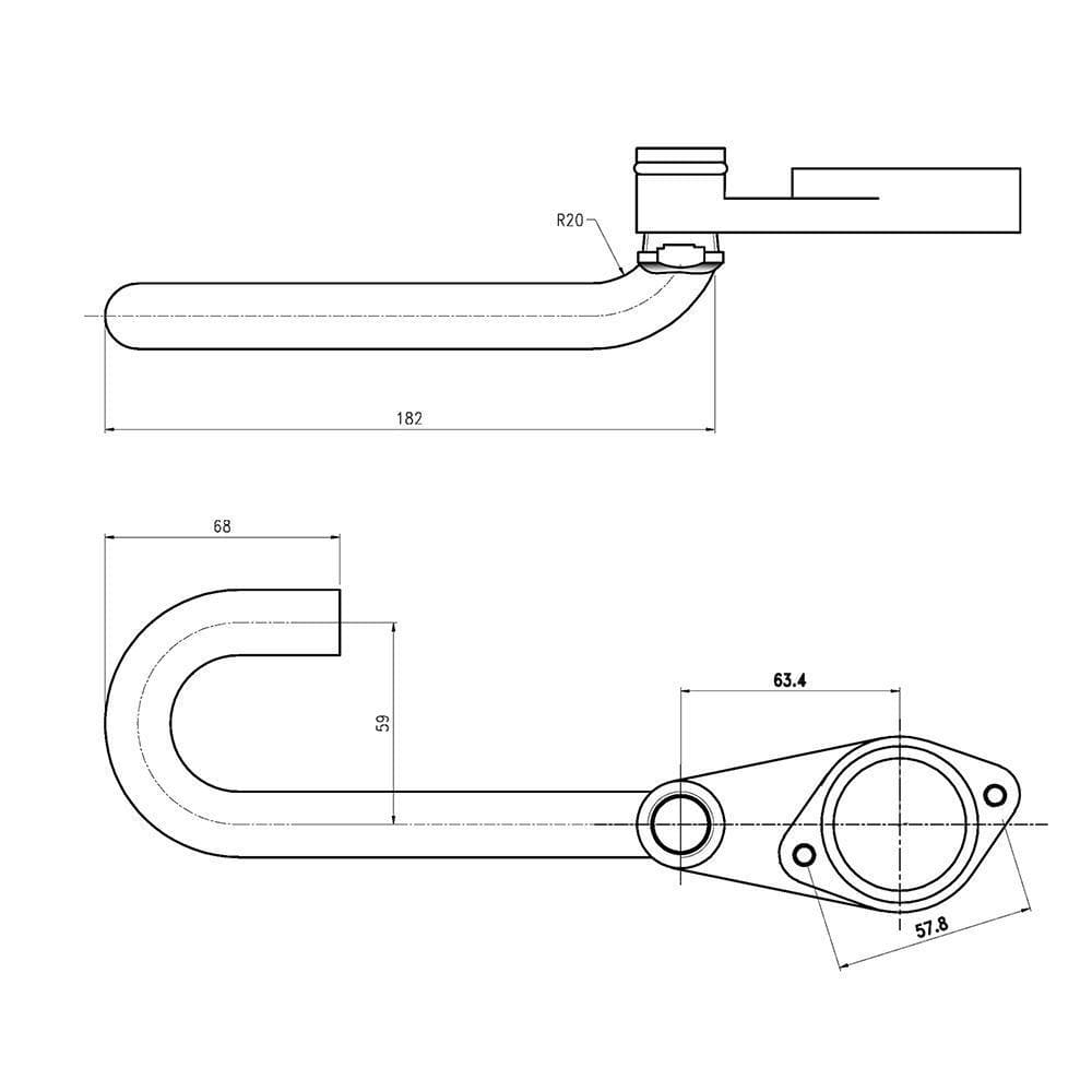 Bent aluminum EGR bypass pipe outline with 182 mm tube length, 68 mm U-bend, 63.4 mm flange and R20 radius, for 2003-2007 Ford F-250 F-350 6.0L Powerstroke.