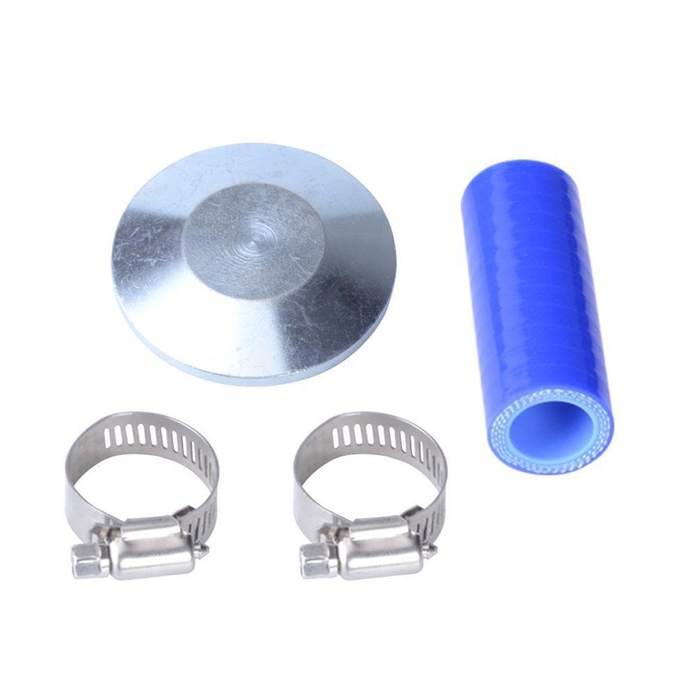 Galvanized steel block-off plate with raised center dome, blue silicone hose coupler and two stainless T-bolt clamps from the kit, for 2003-2007 Ford F-250 F-350 6.0L Powerstroke.