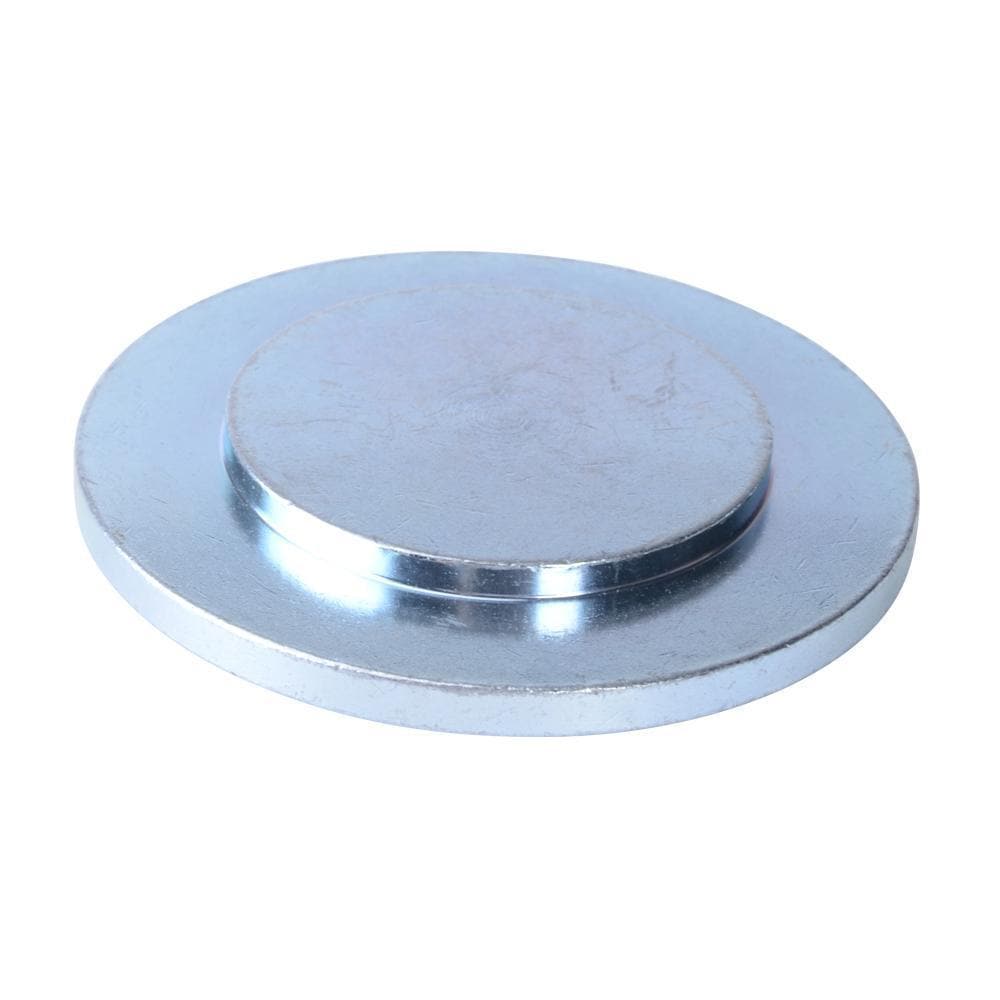 Circular galvanized steel EGR cooler delete plug plate with a stepped raised boss, for 2003-2007 Ford F-250 F-350 6.0L Powerstroke diesel.