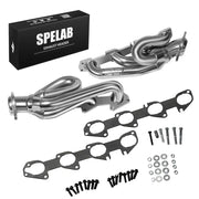 Exhaust header kit with a pair of polished stainless 4-into-1 shorty headers for 2009-2018 Dodge Ram 1500 5.7L Hemi, two black 4-port gaskets, black header bolts, and silver studs, nuts, and washers