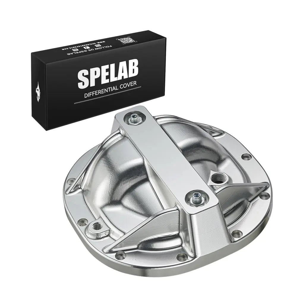 Polished billet aluminum differential cover for Ford 8.8" 10-bolt rear axle, with center support brace secured by two hex bolts, radiating cooling ribs, and threaded fill/drain bosses