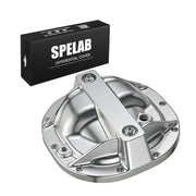 Polished billet aluminum differential cover for Ford 8.8" 10-bolt rear axle, with center support brace secured by two hex bolts, radiating cooling ribs, and threaded fill/drain bosses